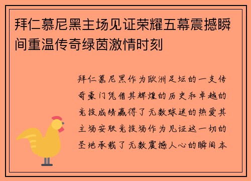 拜仁慕尼黑主场见证荣耀五幕震撼瞬间重温传奇绿茵激情时刻 拜仁慕尼黑主场见证荣耀五幕震撼瞬间重温传奇绿茵激情时刻