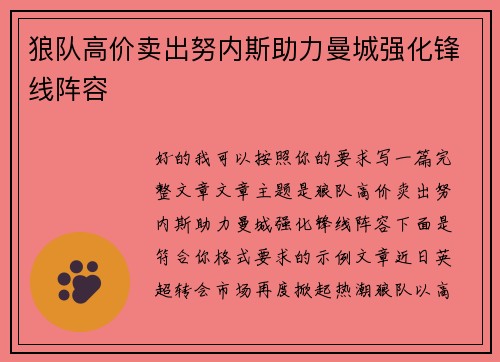 狼队高价卖出努内斯助力曼城强化锋线阵容